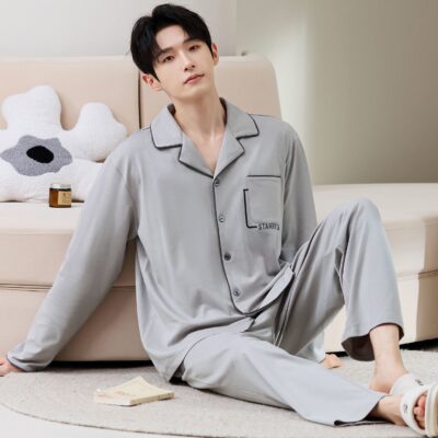 Minimalist fashion cardigan men cotton pajama set
