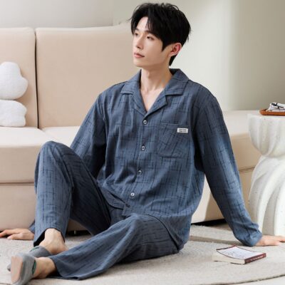 Minimalist fashion cardigan men cotton pajama set