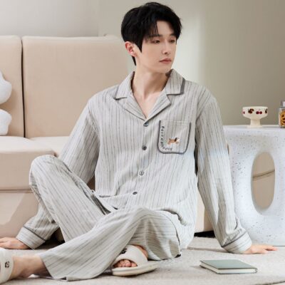Minimalist fashion cardigan men cotton pajama set