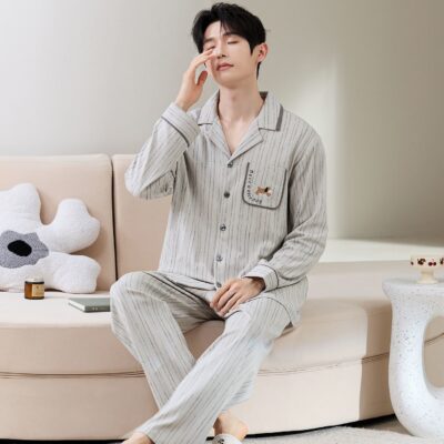 Minimalist fashion cardigan men cotton pajama set