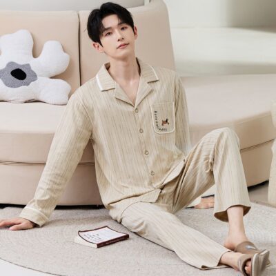 Minimalist fashion cardigan men cotton pajama set