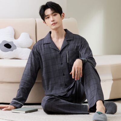 Minimalist fashion cardigan men cotton pajama set