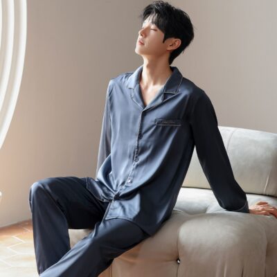 Loose spring autumn men satin pajama set with lapel collar