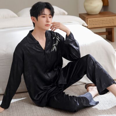Loose spring autumn men satin pajama set with lapel collar