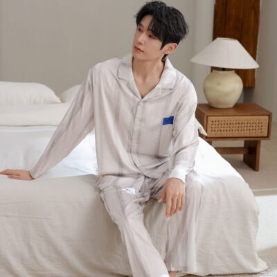 Loose spring autumn men satin pajama set with lapel collar
