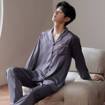 Loose spring autumn men satin pajama set with lapel collar