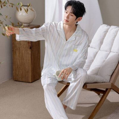 Loose spring autumn men satin pajama set with lapel collar
