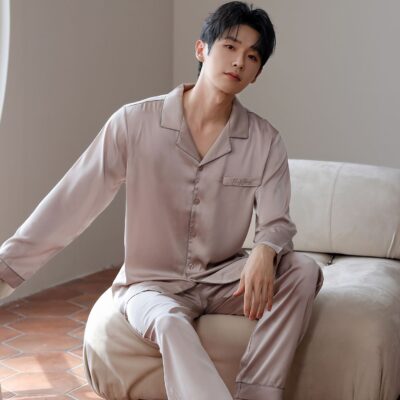 Loose spring autumn men satin pajama set with lapel collar