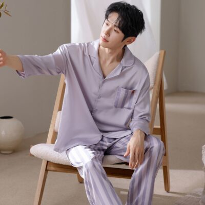 Loose spring autumn men satin pajama set with lapel collar