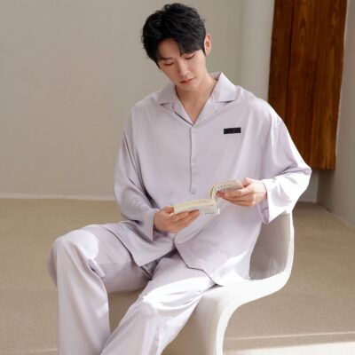 Loose spring autumn men satin pajama set with lapel collar