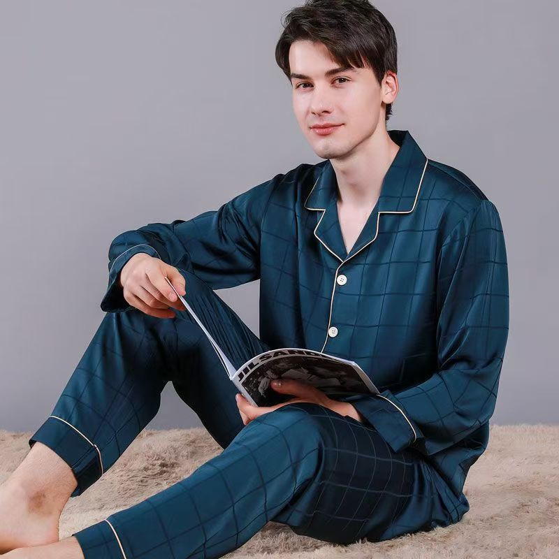 Spring summer cardigan lapel men silk pajama set