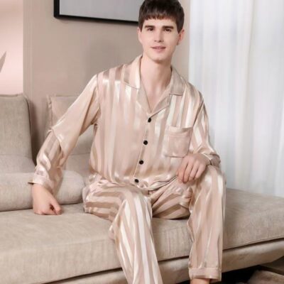 Spring summer cardigan lapel men silk pajama set
