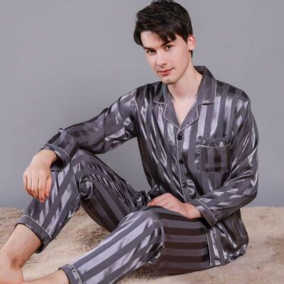 Spring summer cardigan lapel men silk pajama set