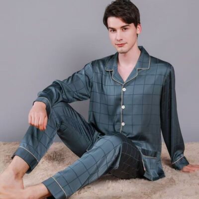 Spring summer cardigan lapel men silk pajama set