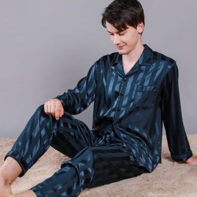 Spring summer cardigan lapel men silk pajama set