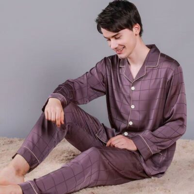 Spring summer cardigan lapel men silk pajama set