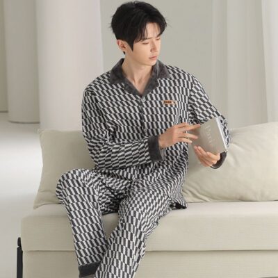 Autumn winter long sleeve casual homewear men cotton pajamas
