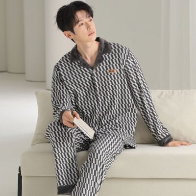 Autumn winter long sleeve casual homewear men cotton pajamas