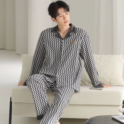 Autumn winter long sleeve casual homewear men cotton pajamas