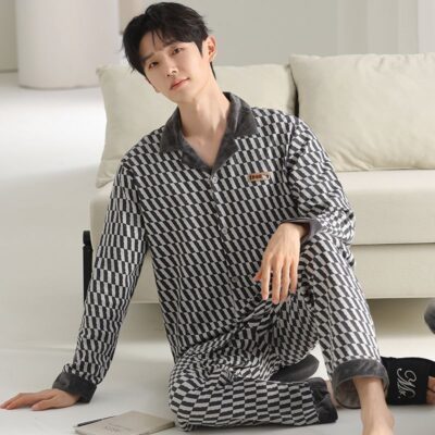 Autumn winter long sleeve casual homewear men cotton pajamas