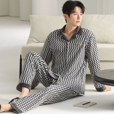 Autumn winter long sleeve casual homewear men cotton pajamas