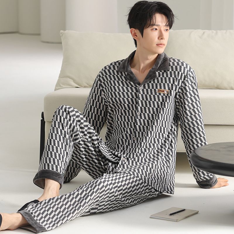 Autumn winter long sleeve casual homewear men cotton pajamas