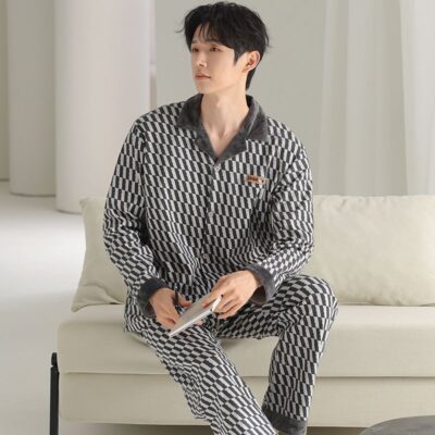 Autumn winter long sleeve casual homewear men cotton pajamas