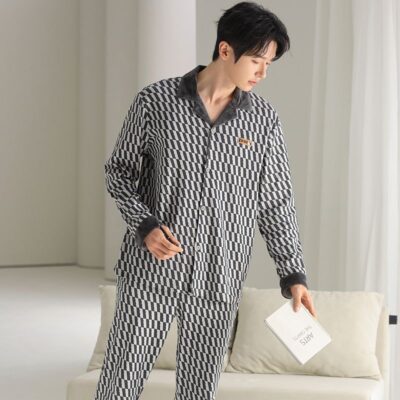 Autumn winter long sleeve casual homewear men cotton pajamas
