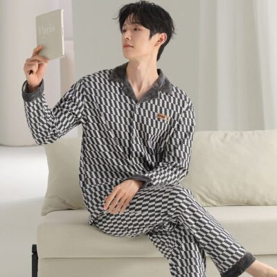 Autumn winter long sleeve casual homewear men cotton pajamas