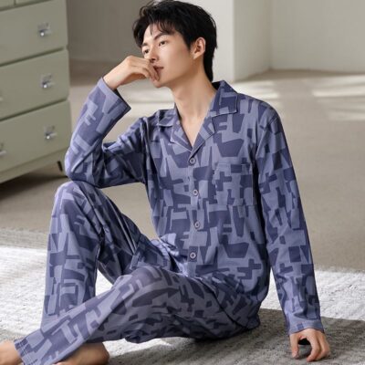 Spring autumn long sleeve casual homewear men cotton pajamas
