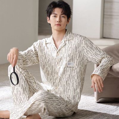 Spring autumn long sleeve casual homewear men cotton pajamas