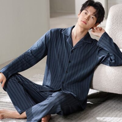 Spring autumn long sleeve casual homewear men cotton pajamas