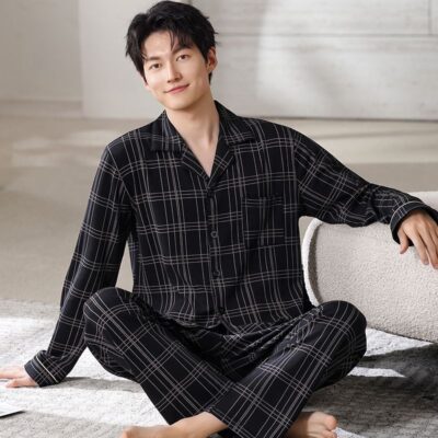 Spring autumn long sleeve casual homewear men cotton pajamas