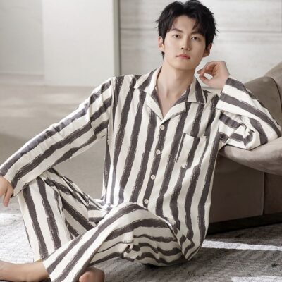 Spring autumn long sleeve casual homewear men cotton pajamas