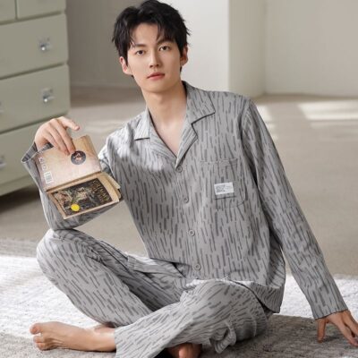 Spring autumn long sleeve casual homewear men cotton pajamas