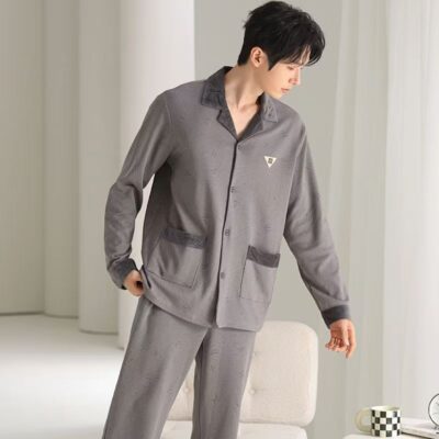 Best-selling spring autumn long sleeve loose fit men cotton pajamas