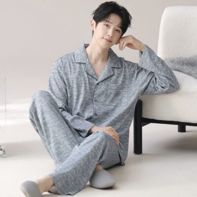 Long sleeve spring autumn minimal homewear men cotton pajamas