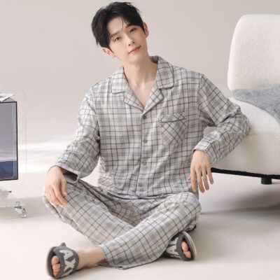 Long sleeve spring autumn minimal homewear men cotton pajamas