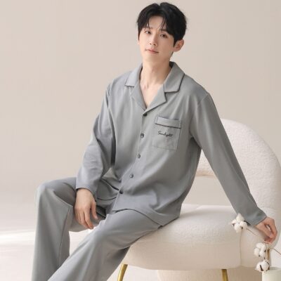 Long sleeve spring autumn minimal homewear men cotton pajamas