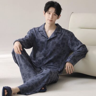 Long sleeve spring autumn minimal homewear men cotton pajamas