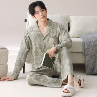 Long sleeve spring autumn minimal homewear men cotton pajamas