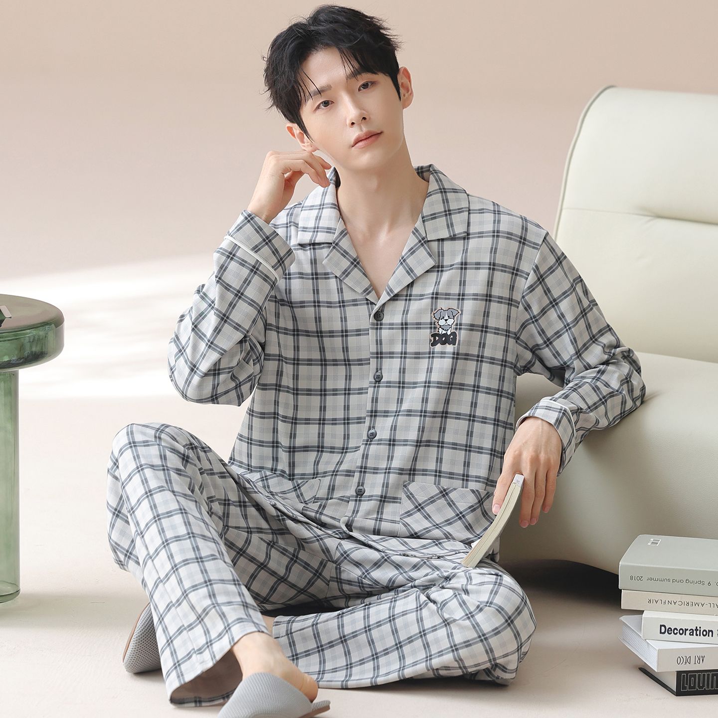 Men’s Minimal Long Sleeve Cotton Pajamas for Spring Autumn (7) Long sleeve spring autumn minimal homewear men cotton pajamas