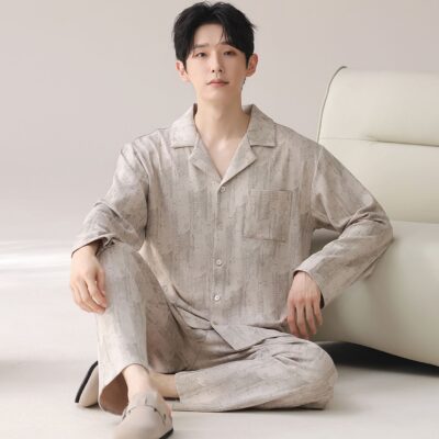 Long sleeve spring autumn minimal homewear men cotton pajamas