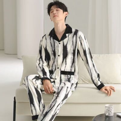 Minimal turn-down collar casual loose men cotton pajamas