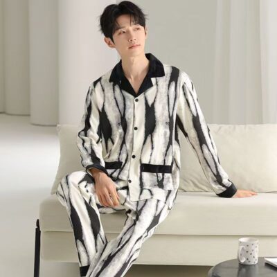 Minimal turn-down collar casual loose men cotton pajamas