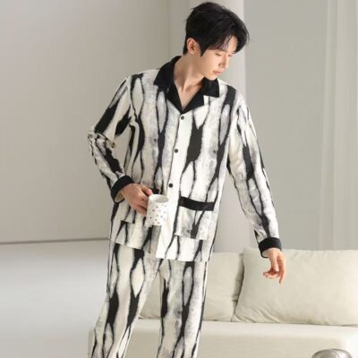 Minimal turn-down collar casual loose men cotton pajamas