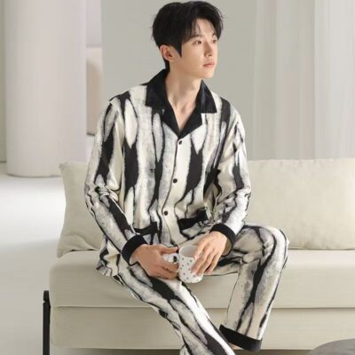Minimal turn-down collar casual loose men cotton pajamas