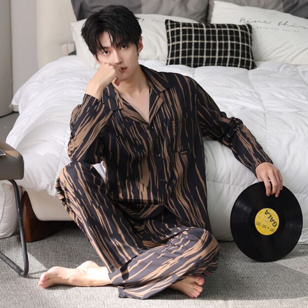 High-end autumn winter long sleeve cardigan men cotton pajamas