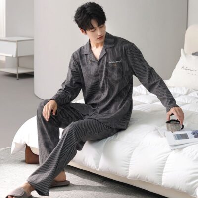 High-end autumn winter long sleeve cardigan men cotton pajamas