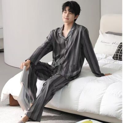 High-end autumn winter long sleeve cardigan men cotton pajamas